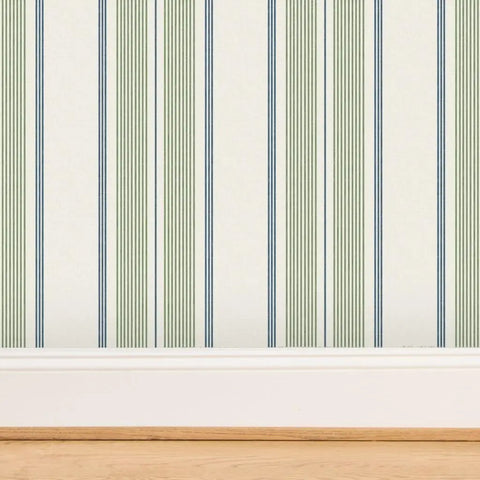 Farmhouse Matte Wallpaper Dope Linen Texture Hella Durable PVC Free Wall Covering in green and blue striped pattern.