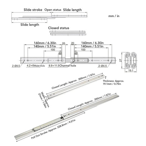 Diagram and photo of 2 Pack 200mm Drawer Slide With 27mm Width 3 Section Full Extension And Double Layer Ball Bearings for smooth travel