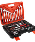 Must Have 61 Piece Socket Set With Ratchet Wrench Sleeve Heavy Duty Steel Auto Repair Tool Kit in open red toolbox