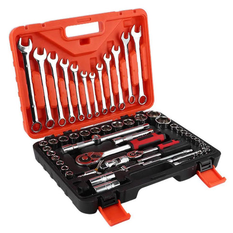 Must Have 61 Piece Socket Set With Ratchet Wrench Sleeve Heavy Duty Steel Auto Repair Tool Kit in open red toolbox