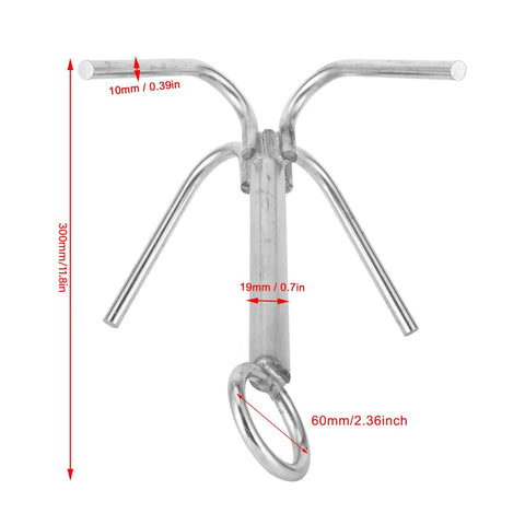Front view of Four Claw 316 Stainless Steel Anchor Grappling Hook For Marine Boats And Yachts with measurements