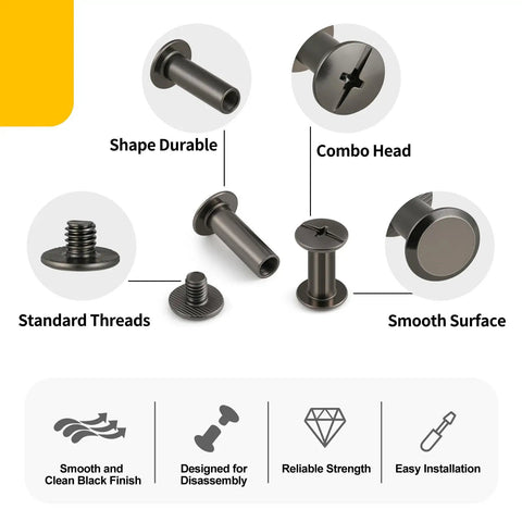 Kickass 155 Piece Black Chicago Screws And Leather Rivets Kit With Assorted M4 And M5 Sizes showing various screw types and features.