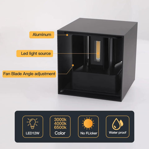 Outdoor Up Down LED Wall Light In Black Aluminum 12W Square Fixture 6500K Daylight Color IP65 Waterproof Adjustable Beam Angle