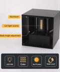 Outdoor Wall Light Up Down Square Black Aluminum Sconce IP65 Waterproof Exterior Fixture 12W Adjustable Beam Weatherproof Porch Patio Lighting For Outdoor Walls, showing aluminum construction and LED source.