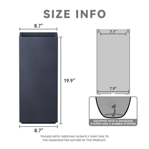 Size chart of Crack-Resistant Lightweight Concrete Planter, Tall 19.9 Inches, Charcoal Rectangular Plant Pot with Drainage System.