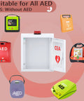 Heavy Duty AED Defibrillator Wall Cabinet with open door, suitable for all AEDs, solid steel with emergency siren.