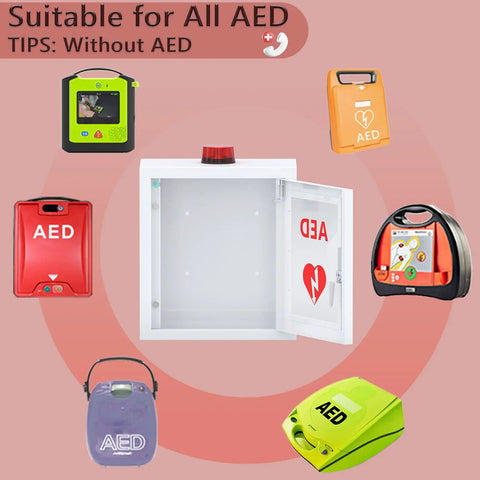 Heavy Duty AED Defibrillator Wall Cabinet with open door, suitable for all AEDs, solid steel with emergency siren.