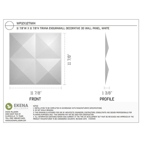 Tirana EnduraWall 3D Decorative Wall Panels Kit Square 11 7 8 Inch, front and profile view of panel dimensions and details.