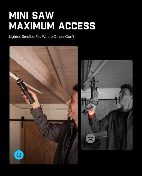 Hella Smooth Cordless Mini Reciprocating Saw For Wood And PVC Cutting being used to cut ceiling beams in a small space.