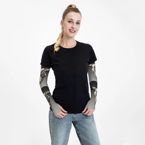 Model wearing Steampunk Bull Skull With Gears And Mechanical Accent Adult Cooling Arm Sleeves featuring thumbhole grip.