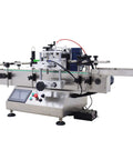 Automatic Desktop Round Bottle Labeling Machine With Conveyor Applicator for cosmetics beverages and food runs twenty to thirty bottles per minute at one hundred ten volts.
