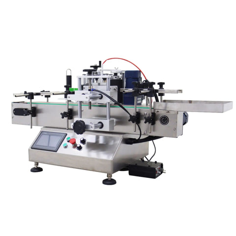 Automatic Desktop Round Bottle Labeling Machine With Conveyor Applicator for cosmetics beverages and food runs twenty to thirty bottles per minute at one hundred ten volts.