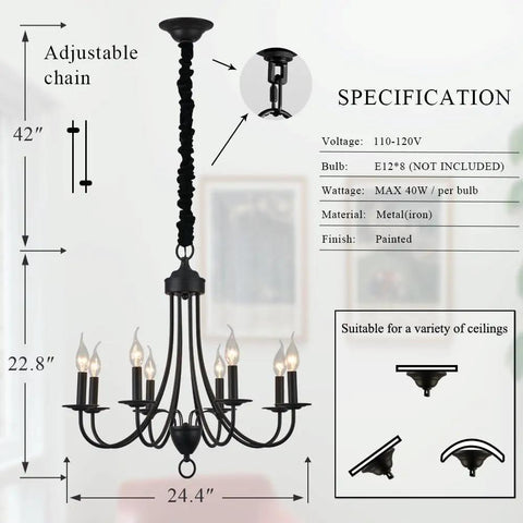 8-Light Black Chandeliers For Dining Room And Kitchen, Vintage Farmhouse Candle Chandelier With E12 Base, dimmable
