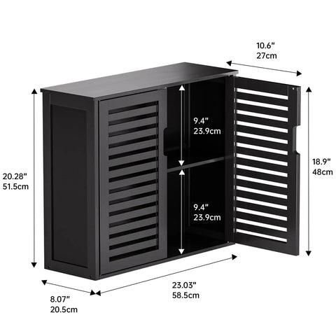 Black Bamboo Over The Toilet Wall Mounted Bathroom Storage Cabinet With Three-Position Adjustable Shelf Hanging Medicine Cabinet With Double Doors Space Saver Organizer For Bathroom Essentials shown with measurements.