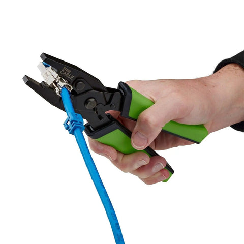 Hand using Parallel Crimping Pliers For Keystone Jacks And Field Termination Plugs No Fuss Toolless Closure Tool Dual Level Action