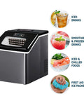 Smooth Operator Portable Countertop Ice Maker With Auto Self Cleaning And Ultra Quiet Motor, Generates Up To 25 Kilograms Of Ice Daily, showing ice maker for drinks and food.