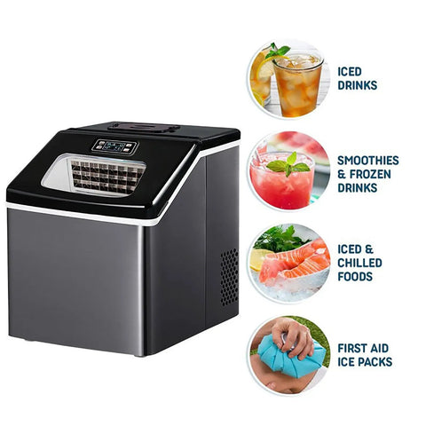 Smooth Operator Portable Countertop Ice Maker With Auto Self Cleaning And Ultra Quiet Motor, Generates Up To 25 Kilograms Of Ice Daily, showing ice maker for drinks and food.