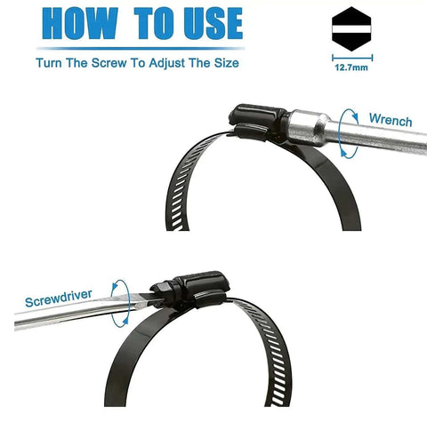 Instructional image showing how to adjust Black Stainless Steel Worm Gear Hose Clamp Set Adjustable 6 To 38mm.