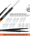 All In One Eyeglasses Nose Pads Replacement Kit With 5 Pairs Air Chamber Silicone Nose Pads, Screws, Screwdrivers, Tweezer And Cleaning Cloth For Sunglasses 15mm Easy Install DIY Repair, showing tools and pads.