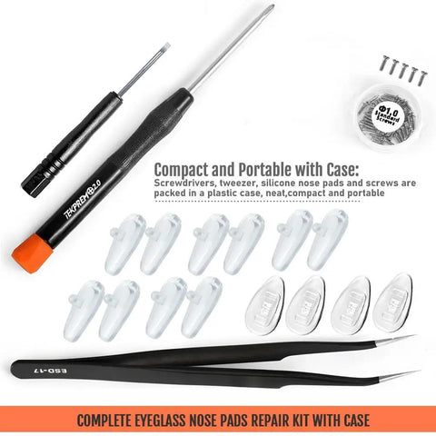 All In One Eyeglasses Nose Pads Replacement Kit With 5 Pairs Air Chamber Silicone Nose Pads, Screws, Screwdrivers, Tweezer And Cleaning Cloth For Sunglasses 15mm Easy Install DIY Repair, showing tools and pads.