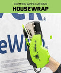 Straight Up Autofeed Cap Staple Hammer Tacker With One Inch Caps And Three Eighth Crown Staples in use on housewrap.