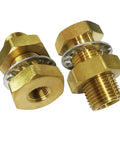 Quarter Inch NPT Female Brass Bulkhead Tank Fitting One And Half Inch Length Pack Of Two Beefy Heavy Duty Bulkhead Couplings With Washer And Nut For Airtight Seal 1200 PSI Max From Minus Sixty Five To Two Hundred Fifty Fahrenheit Corrosion Resistant, brass bulkhead fittings