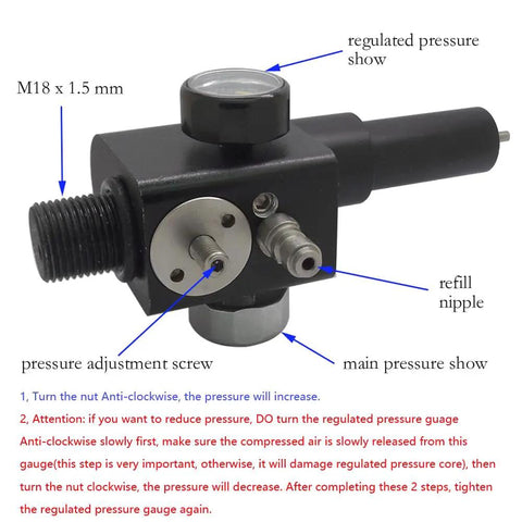 Close-up of 12G CO2 To PCP Regulated Conversion Kit for Crosman Pistols 1377 2240 1322 2250, showing pressure gauge and adjustment screws.