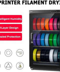 Workhorse Grade 3D Printer Filament Storage Cabinet With Huge 115 Liter Space, featuring colorful spools in a sealed black unit.