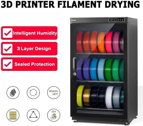 Workhorse Grade 3D Printer Filament Storage Cabinet With Huge 115 Liter Space, featuring colorful spools in a sealed black unit.