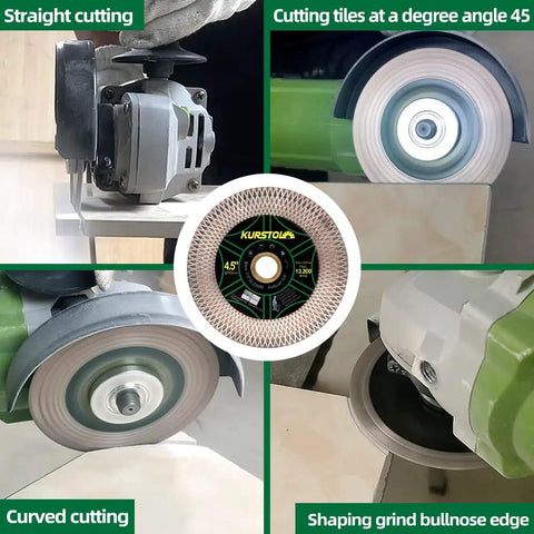 Kurstol 11 Piece Diamond Tile Hole Saw Kit With Beveling Bit And Cutting Disc For Porcelain Ceramic Granite Marble Heavy Duty Vacuum Brazed Core Drill Bits Easy To Use showcasing diverse cutting techniques and a diamond cutting disc.