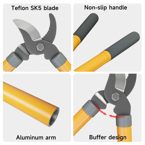 Bypass Garden Loppers For Pruning, 16 Inch Shears With SK5 High Carbon Steel Blades, non-slip handles, and aluminum arms details