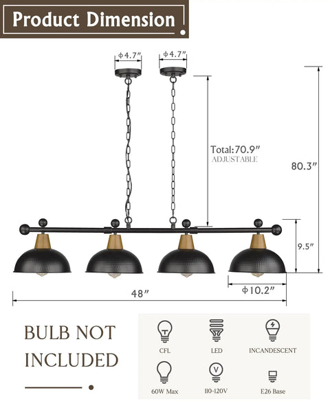 Four Light Pool Table Light For Seven And Eight Foot Tables 48 Inch Modern Billiard Hanging Lamp with dimensions and bulb type