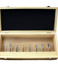 Open wooden box displaying Eight Piece Dovetail And Box Joint Router Bit Set With One Quarter Inch Shank Carbide Tip Pro Grade Beefy Heavy Duty