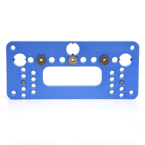 Dead Simple Precision Woodworking Jig Hole Opener Puncher Aluminum Alloy Locator Tool With Screwdriver, blue alignment jig with holes for precise drilling.