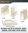 Illustration showing up-down-cut bit for grooves, dados, rabbets, and router circle cutting using Quarter Inch Shank Compression Spiral Router Bit Pair Tungsten Carbide End Mill For Cnc Woodworking And Thin Aluminum Kills Splinters Flat Out To Reveal Glass Like Cut Edges For Stress Free Shop Jobs That Turn Out Flawless Every Time.