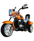 6V Battery Powered Electric Chopper Style Motorcycle Ride On Trike Toy For Kids Ages 3 To 6 Orange With Realistic Design Easy Pedal Drive Safe Beginner Friendly Features front view