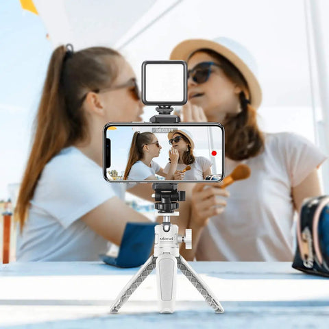 MT-08 White Mini Tripod For Camera With 1 Quarter Inch Mount 2 In 1 Extendable Handheld Video Stand supporting smartphone for filming