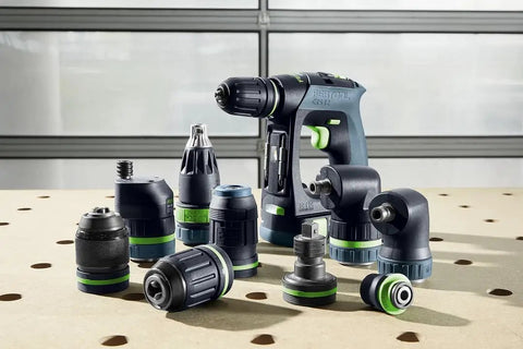 Cordless CXS 2 Drill Kit With 3 Tools In One, FastFix For Centrotec Chuck, Keyless Chuck, Right Angle Attachment on workbench