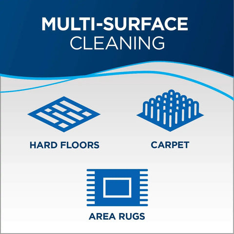 Multi-surface cleaning graphic showing icons for hard floors, carpet, and area rugs for Super Lightweight Cordless Floor Sweeper.