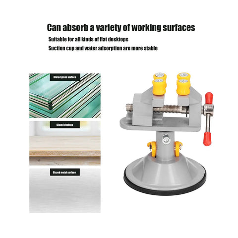 Heavy Duty Mini Suction Cup Vise Bench Mount 360 Rotation Universal Desktop Clamp For Woodwork that grips on glazed surfaces.