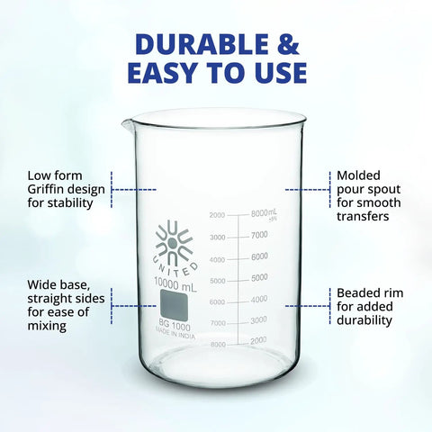 Low Form Griffin Beaker 250 mL With Double Scale Borosilicate Glass 25 To 200 mL Increments Autoclavable Lab Glassware ASTM E960 Compliant