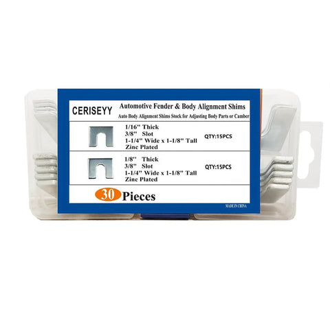 Pro Grade Alignment Shim Set For Auto Body And Fender Adjustments Includes One Sixteenth Inch And One Eighth Inch Thick Shims With Three Eighths Inch Slot 30 Pieces Zinc Plated For Rust Resistance Resealable Storage Box Camber Toe And Caster Alignment.