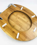 Heavy Duty Slow Close Solid Wood Elongated Toilet Seat With Natural Bark Finish, top view showing natural wood grain and slow-close hinges.