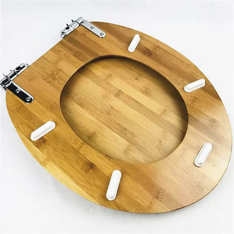 Heavy Duty Slow Close Solid Wood Elongated Toilet Seat With Natural Bark Finish, top view showing natural wood grain and slow-close hinges.