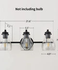 Black Three Light Vanity Light Fixture With Clear Glass Shades For Bathroom Over Mirror, dimensions shown