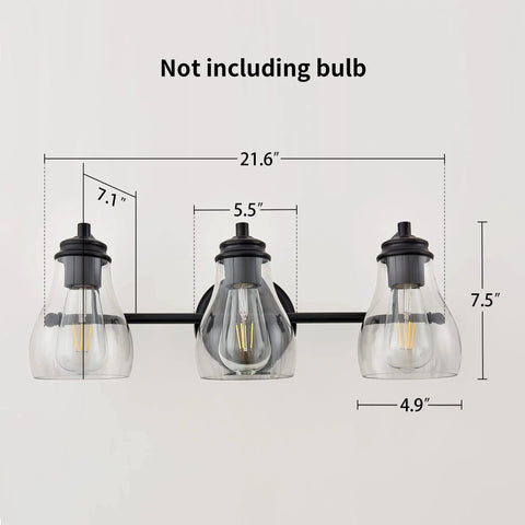 Black Three Light Vanity Light Fixture With Clear Glass Shades For Bathroom Over Mirror, dimensions shown