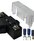 Heavy Duty Stackable Fuse Holder Panel And Distribution Block Compatible With Ato Atc And Min Atm Blade Fuses Featuring Hella Solid Plug And Play Wiring For Your Ride Or Rig In Black with clear cover and connectors.