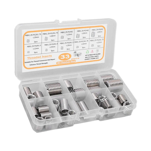 33 Piece M8x125 Stainless Steel Threaded Inserts Kit Self Tapping Design For Wood Furniture Drawer Pulls And Shipping Crates Durable Repair Sleeves For Softwoods And Crate Projects, open case