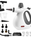 Oviievek Handheld Steam Cleaner With 15 Pcs Accessories And 1050W Fast Heating, white and gray tools for versatile cleaning.