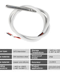 10K NTC Thermistor Waterproof Temperature Sensor Probe With 0.5m Silicone Cable for aquariums, HVAC, and DIY projects